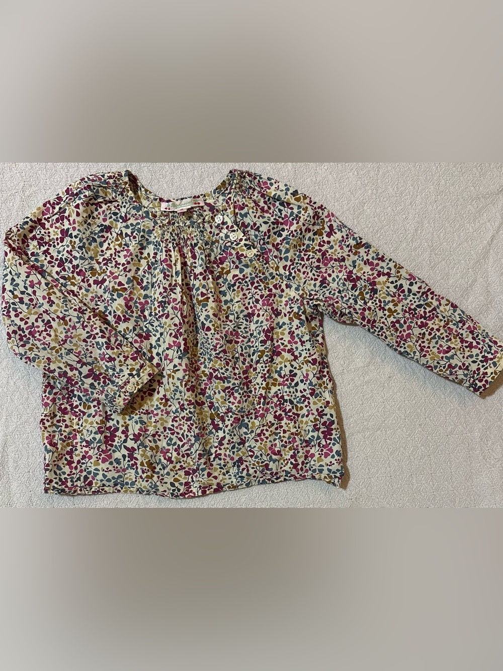 Bonpoint Cream Floral Long-Sleeve Blouse with Pink & Green Print